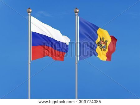 Russia Vs Moldavia. Thick Colored Silky Flags Of Russia And Moldavia. 3d Illustration On Sky Backgro