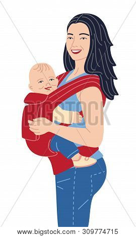 Young Mother Holding Her Little Child In Ergo Backpack. Smiling Woman And Baby In Babycarrier Isolat