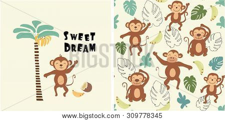 Set Of Monkey Print And Seamless Pattern With Monkeys.vector