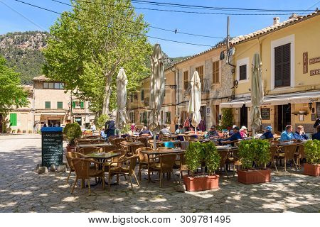 Valldemossa, Mallorca, Spain - May 7, 2019: Restaurant On Street In The Centre Of Valldemossa Old To