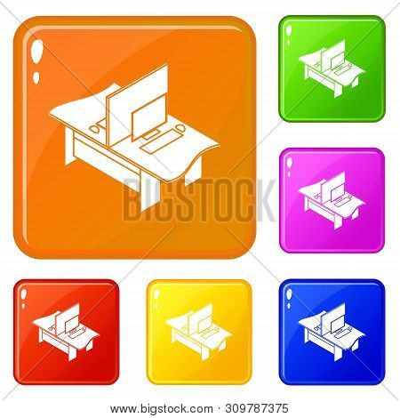 Double Office Table Icons Set Collection Vector 6 Color Isolated On White Background