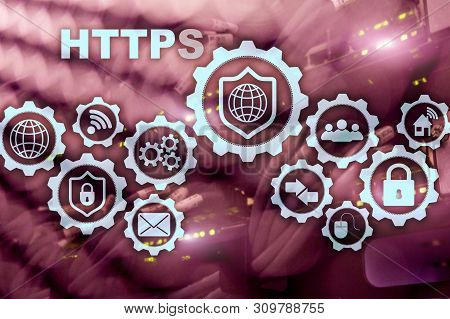 Https. Hypertext Transport Protocol Secure. Technology Concept On Server Room Background. Virtual Ic