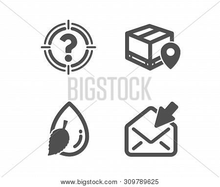 Set Of Headhunter, Water Drop And Parcel Tracking Icons. Open Mail Sign. Aim With Question Mark, Min