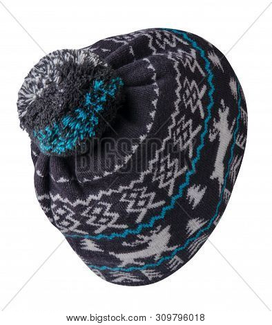 Knitted Blue Gray Hat Isolated On White Background.hat With Pompon Siede Back View .