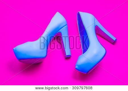 Blue High Heeled Shoes, Pink Purple Background, Top View Concept, Heels Walking