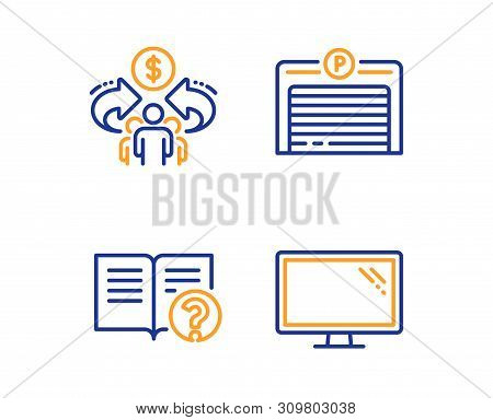 Sharing Economy, Parking Garage And Help Icons Simple Set. Monitor Sign. Share, Automatic Door, Docu
