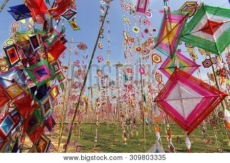 Colorful Tung Flag As Background, Tung Flag Of Isan Kalasin Thailand