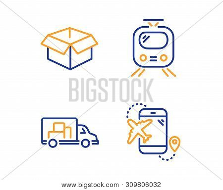Train, Truck Transport And Opened Box Icons Simple Set. Flight Destination Sign. Tram, Delivery, Shi