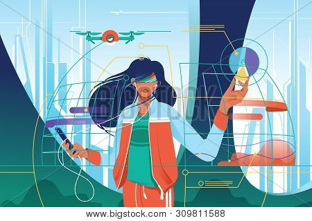 Flat Young Attractive Woman In High Tech World. Concept Girl Character With Mobile Device With Augme