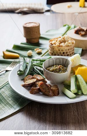 Thai Northern Food. Nam Prik Num (northern Thai Green Chilli Dip), Streaky Pork With Crispy Cracklin