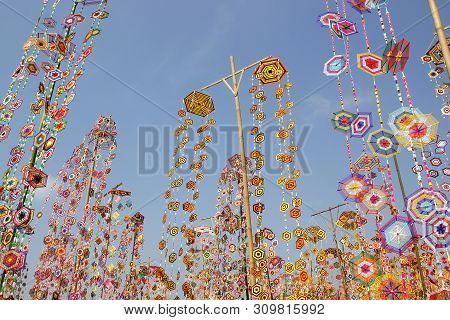 Colorful Tung Flag As Background, Tung Flag Of Isan Kalasin Thailand