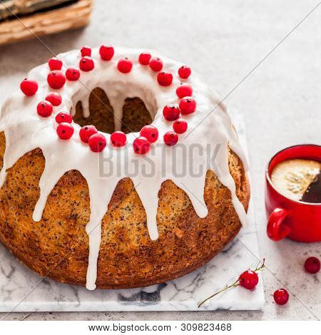 Lemon Poppy Seed Bundt Cake With Sugar Glaze And Redcurrant, Square