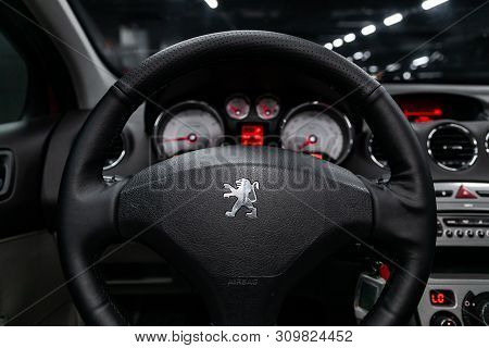 Novosibirsk, Russia - June 28, 2019: Peugeot 308, Close-up Of The Dashboard, Speedometer, Tachometer