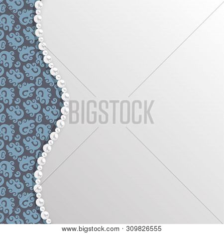 Background For Wedding Invitation Or Greeting Card With Black Lace Pattern And Pearl Border. Vector 