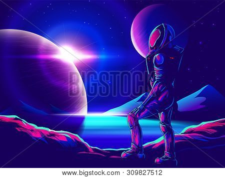 An Ideal Illustration Of A Spaceman On An Unknown Planet, Somewhere In Universe.