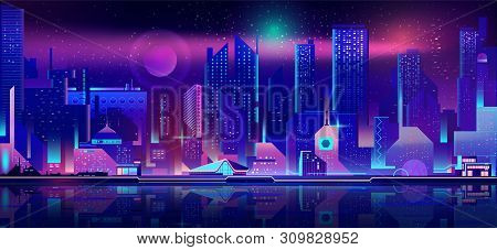Modern Metropolis Night Seafront Cartoon Vector. Futuristic Architecture Skyscrapers Reflecting In B