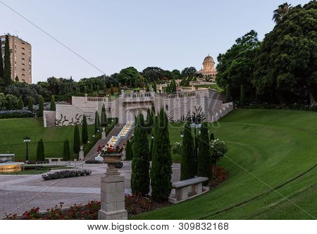 Haifa, Israel, July 04, 2019 : Sunset View From The Lower Entrance To The Bahai Garden In Haifa City