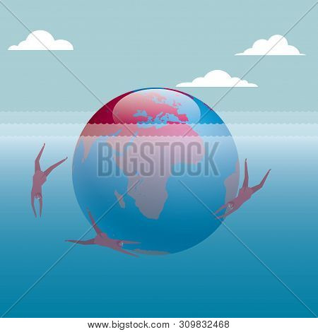 Businessman Diving, Around The Earth. The Background Is Blue.