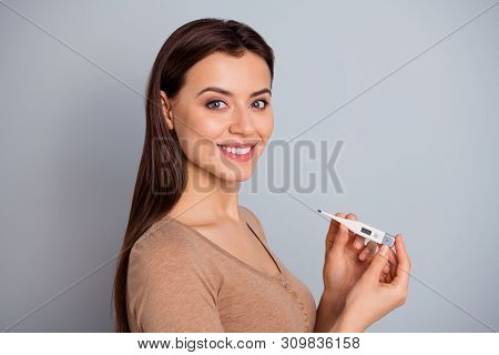 Portrait Of Cheerful Positive Charming Lady Motherhood Concept Future Mother Hold Hand Digital Devic