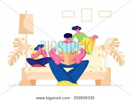 Happy Family Spending Time At Home Together, Parents With Kid, Father Reading Book, Mother And Daugh