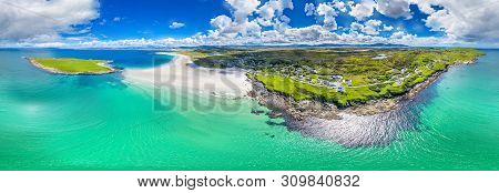 Aerial View Of The Awarded Narin Beach By Portnoo And Inishkeel Island In County Donegal, Ireland