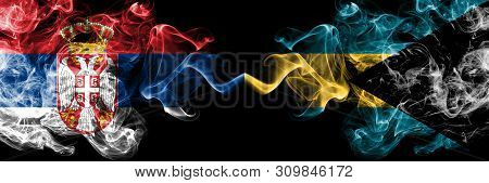 Serbia Vs Bahamas, Bahamian Smoky Mystic Flags Placed Side By Side. Thick Colored Silky Smokes Combi