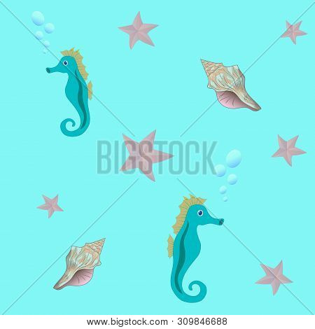 Seamless Sea Pattern With Seahorse, Starfish, And Seashell On Blue Bachground