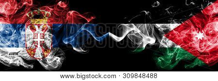 Serbia Vs Jordan, Jordanian Smoky Mystic Flags Placed Side By Side. Thick Colored Silky Smokes Combi