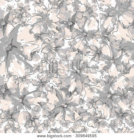 Spotted Floral Vector Seamless Pattern. Abstract Different Size Gray And Pink Flowers On White Backg