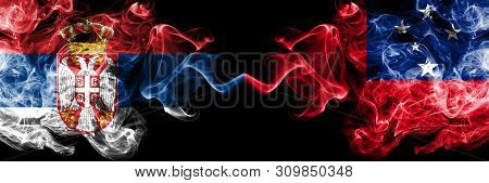 Serbia Vs Samoa, Samoan Smoky Mystic Flags Placed Side By Side. Thick Colored Silky Smokes Combinati