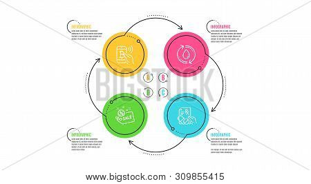 Bitcoin Pay, Refill Water And Sale Icons Simple Set. Infographic Timeline. Prescription Drugs Sign. 