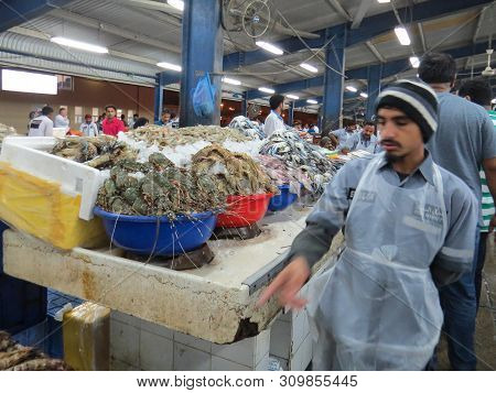 Dubai, Uae, December 25, 2015. Dubai Fish Market. On The Counter In The Basins Marine Reptiles. Sell
