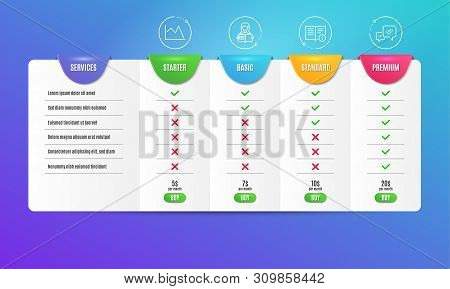 Woman Read, Technical Info And Line Chart Icons Simple Set. Comparison Table. Approve Sign. Girl Stu