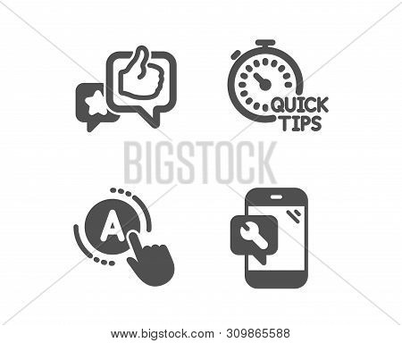 Set Of Like, Ab Testing And Quick Tips Icons. Phone Repair Sign. Star Rating, A Test, Helpful Tricks