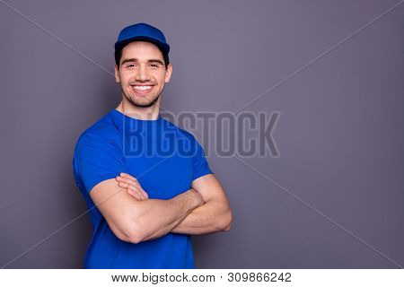 Close Up Side Profile Photo Express Specialist He Him His Strong Arms Crossed Beaming Smile Self-con