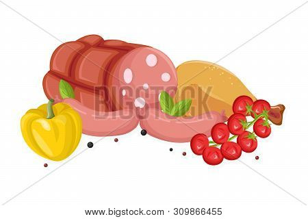 Meat Set Vector. Pastrami, Salami And Saussage Flat Styles