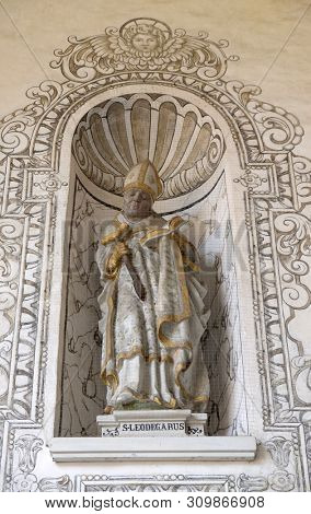 LUCERNE, SWITZERLAND - JUNE 24, 2018: Saint Leodegar statue on the facade of the church of St. Leodegar in Lucerne, Switzerland