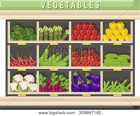 Farm Fresh Vegetables Vector Shopping Stands. Store Shop Stands Grocery Detailed Illustrations