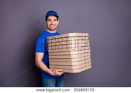 Close Up Side Profile Photo Amazing Specialist He Him His Deliveryboy Hold Strong Arms Many Parcel B