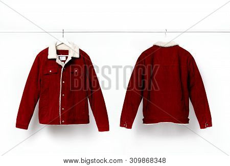 Red Corduroy Men's Jacket From Front And Back On White Coat Hanger On Rod Against White Wall Flat La