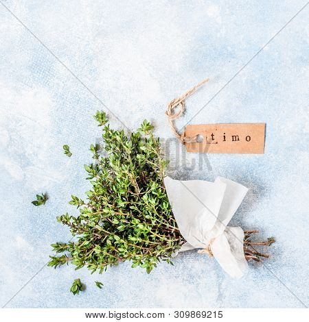 A Bunch Of Fresh Thyme Wrapped In Paper, Timo In Italian, Square