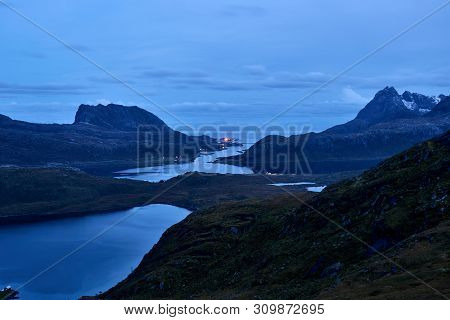 Lofoten Landscape During Night With A Blue Sky Near Fredvang.