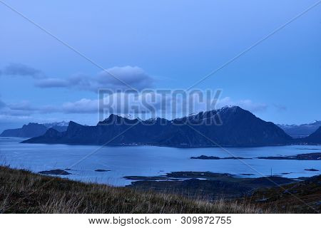 Lofoten Landscape During Night With A Blue Sky Near Fredvang.