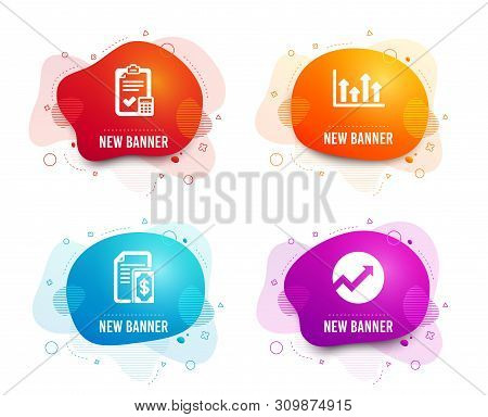 Liquid Badges. Set Of Upper Arrows, Accounting Checklist And Payment Icons. Audit Sign. Growth Infoc