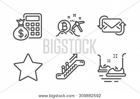 Refresh Mail, Bitcoin Mining And Finance Calculator Icons Simple Set. Escalator, Star And Bumper Car