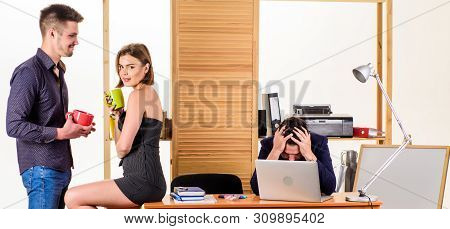 Flirting With Coworker Coffee Break. Woman Flirting With Coworker. Woman Attractive Working Man Coll
