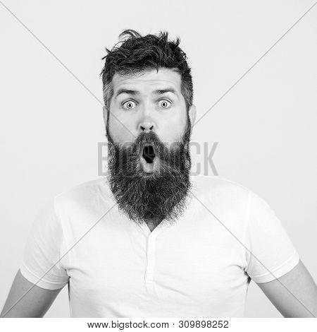 Wow. Surprised Bearded Man On White Background. Human Face Expressions And Emotions.