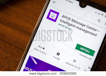 Ivanovsk, Russia - June 26, 2019: Apus Message Center - Intelligent Management App On The Display Of