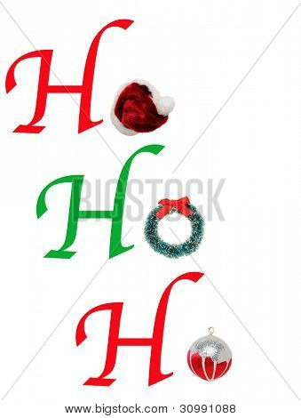 The words HoHoHo spelled out with type and a christmas wreath, Santa, Hat and Ornament. Banner format over white.