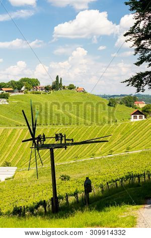 vineyard with windmill called klapotetz in south of Styria, Austria